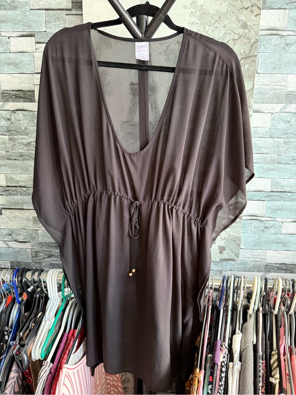 Sheer V-Neck Drawstring Beach Cover Up in Black